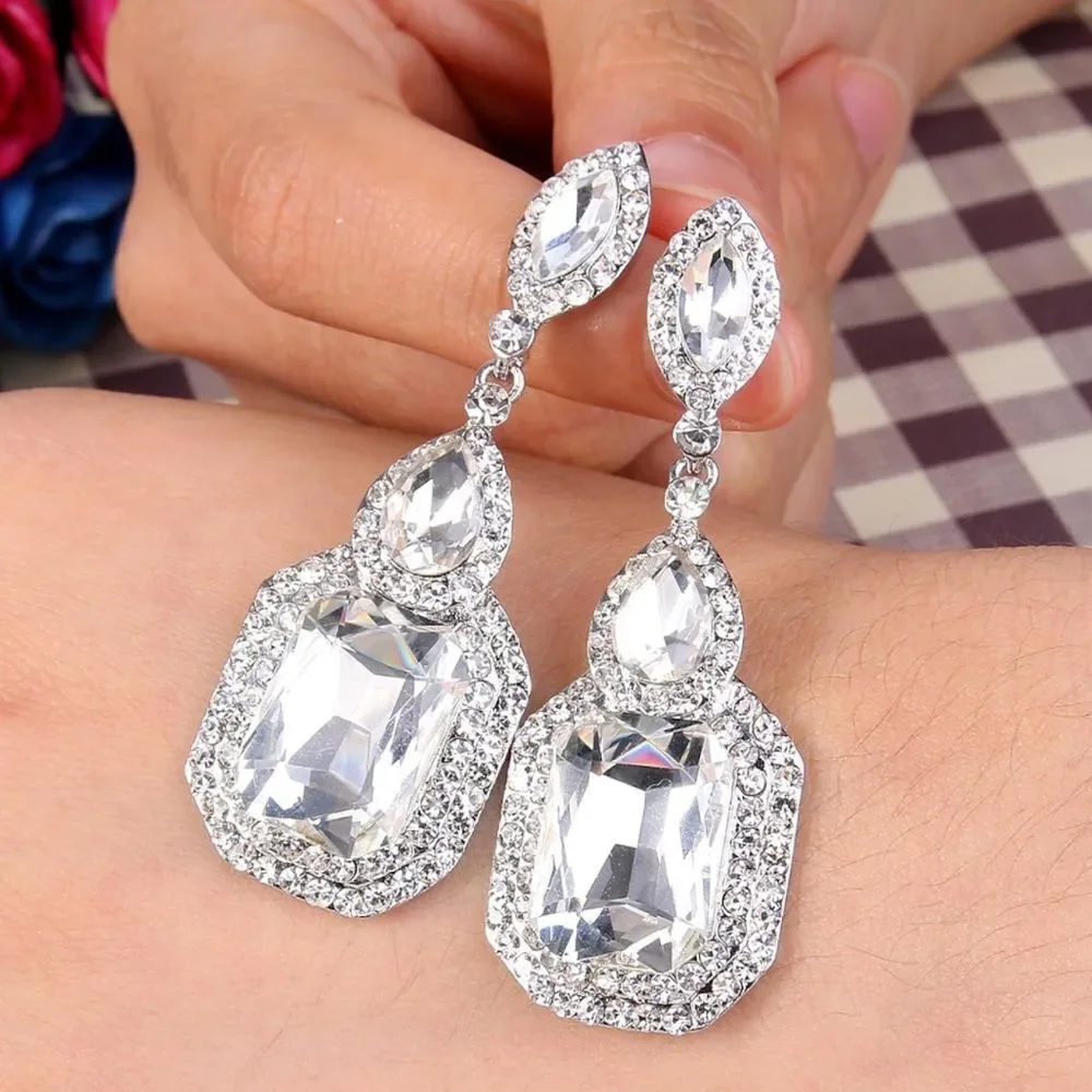 Silver with White Diamond Austrian Crystal Infinity Chandelier Post Earrings